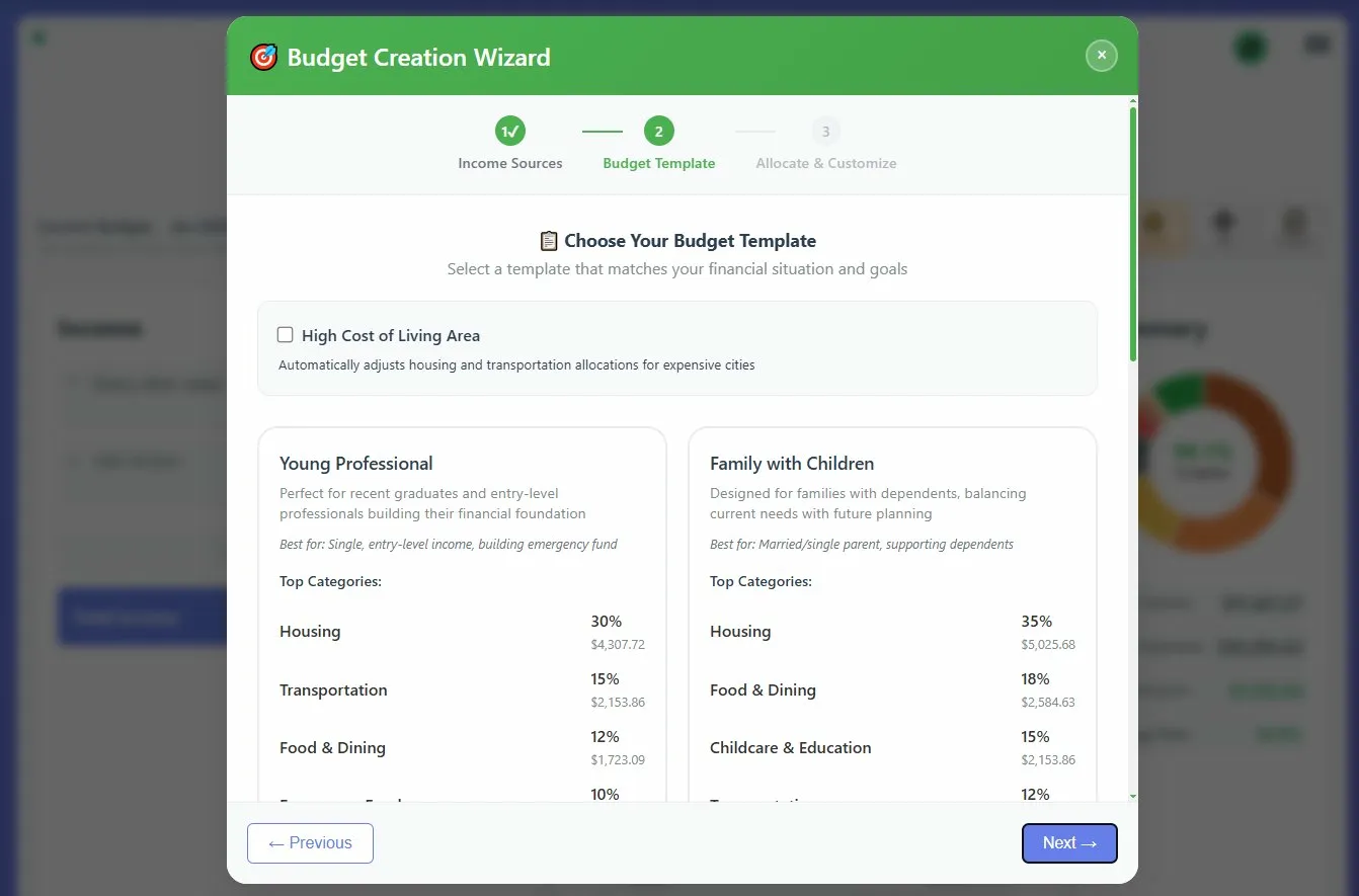 Budgley template wizard — choose a budget template for your life stage