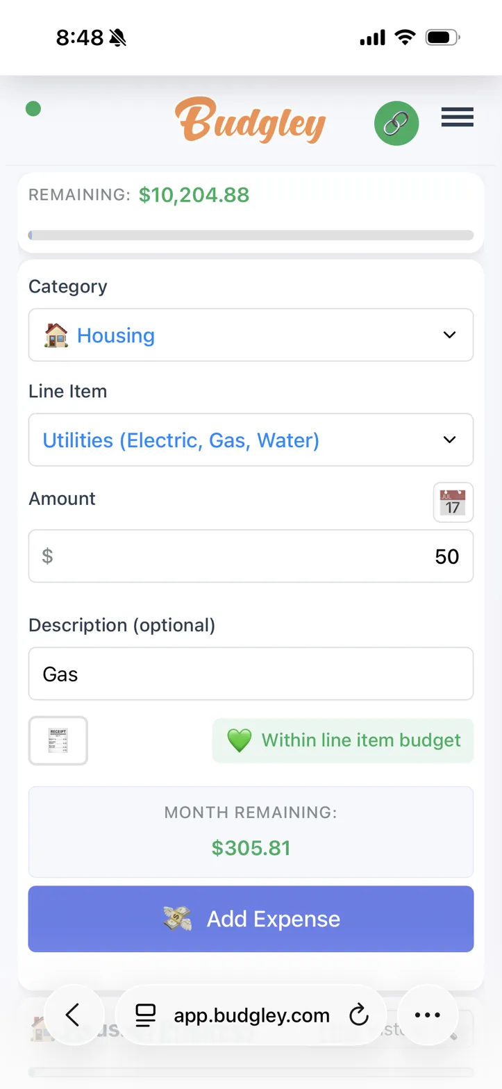Budgley add expense screen — log a purchase in seconds